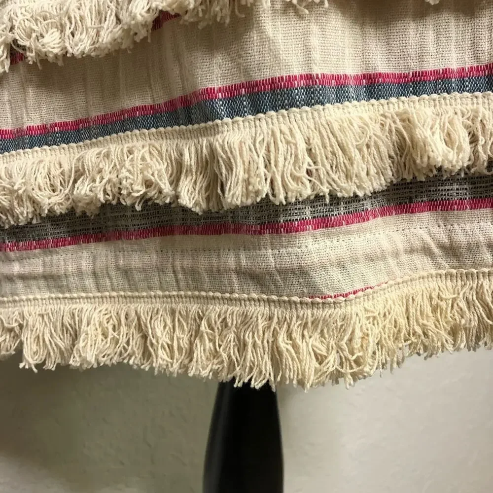 Anthropologie Holding Horses cream chambray blue pink fringe trim dress size 12